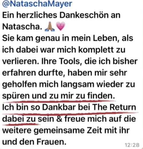 Dankesnachricht einer Teilnehmerin an Natascha: Sie kam genau in mein Leben, als ich dabei war, mich komplett zu verlieren.
