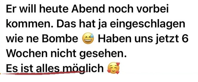 Nachricht einer Teilnehmerin: Er will heute Abend noch vorbeikommen. Das hat eingeschlagen wie eine Bombe. Sie hatten sich sechs Wochen nicht gesehen.