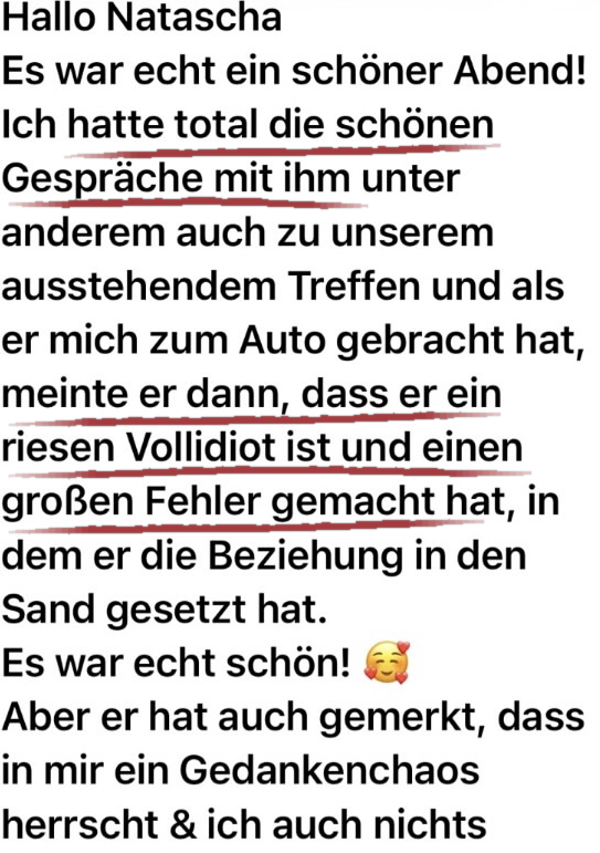 Längere Nachricht einer Teilnehmerin über einen gemeinsamen Abend mit ihrem Partner, bei dem er einräumte, einen großen Fehler gemacht zu haben.